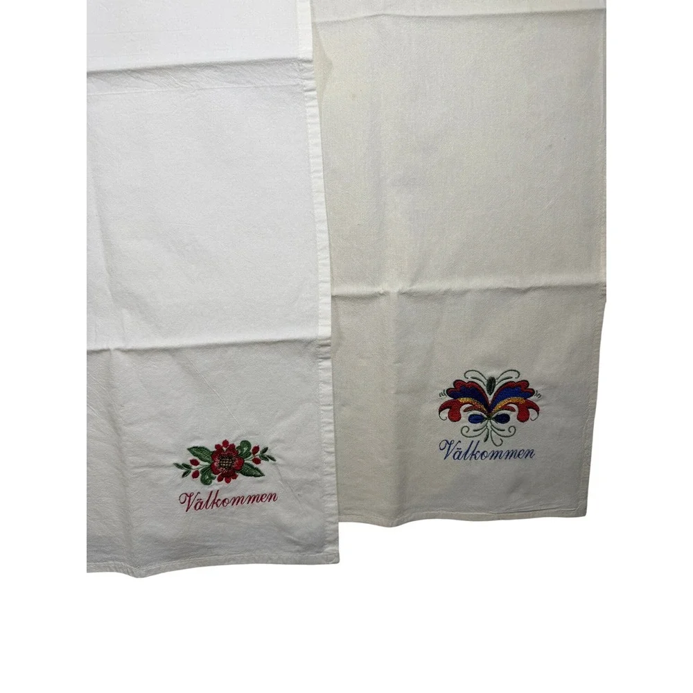 Scandinavian Theme Tea Towels White Embroidered Folk Art Valkommen 35